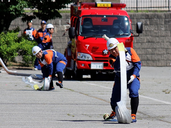 大町市消防団が練習成果を競う　ポンプ操法・ラッパ吹奏大会開催2